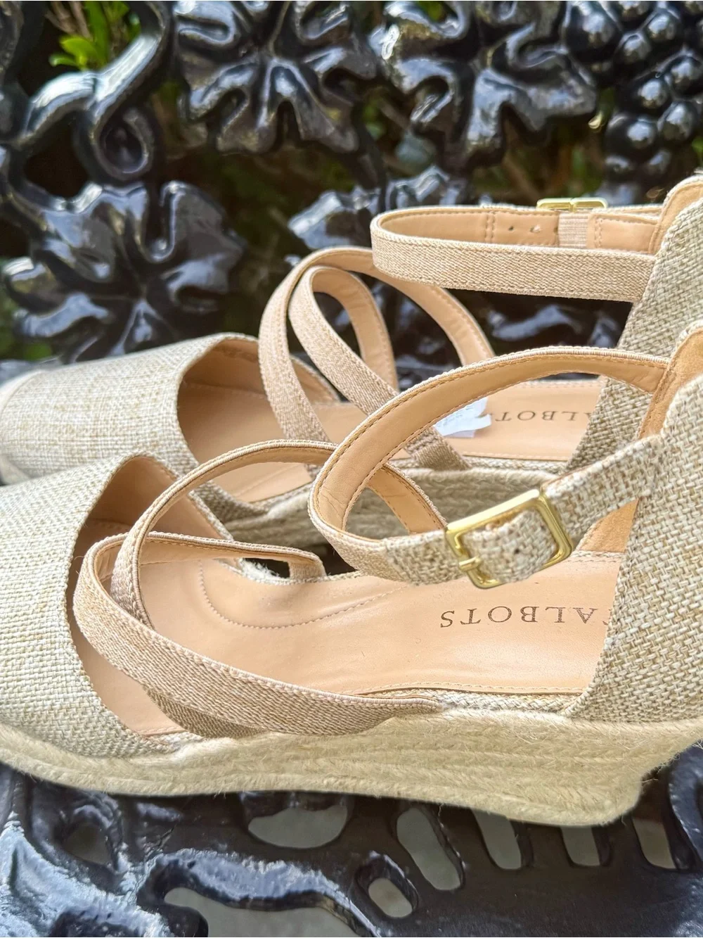 New, Talbots natural linen strappy wedge
